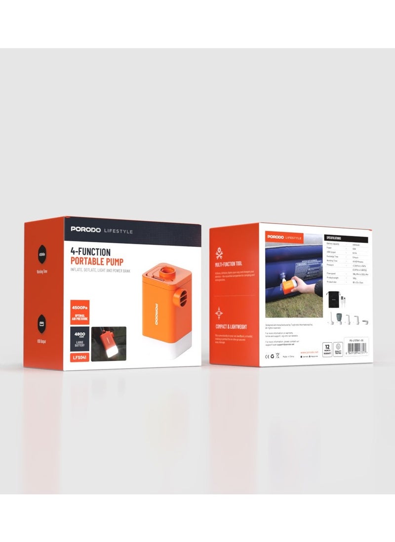 porodo 4-Function Portable Pump / Inflate / Deflate / Light / Power Bank / Compact & Lightweight / Camping / Outdoor - Orange  - Image 5