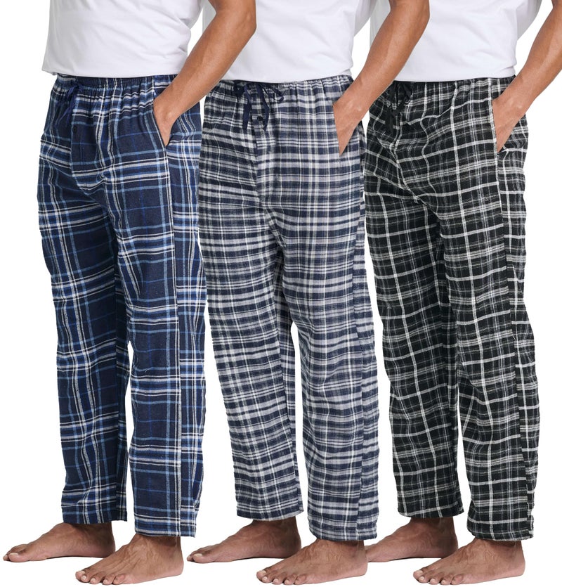 Real Essentials 3 Pack Mens Pajama Pants Cotton Super Soft Pajamas Men Flannel Bottoms Fleece Buffalo Plaid Pj Gifts Lounge Pants Sleepwear Pijamas Hombres Essentials WovenSet 6M