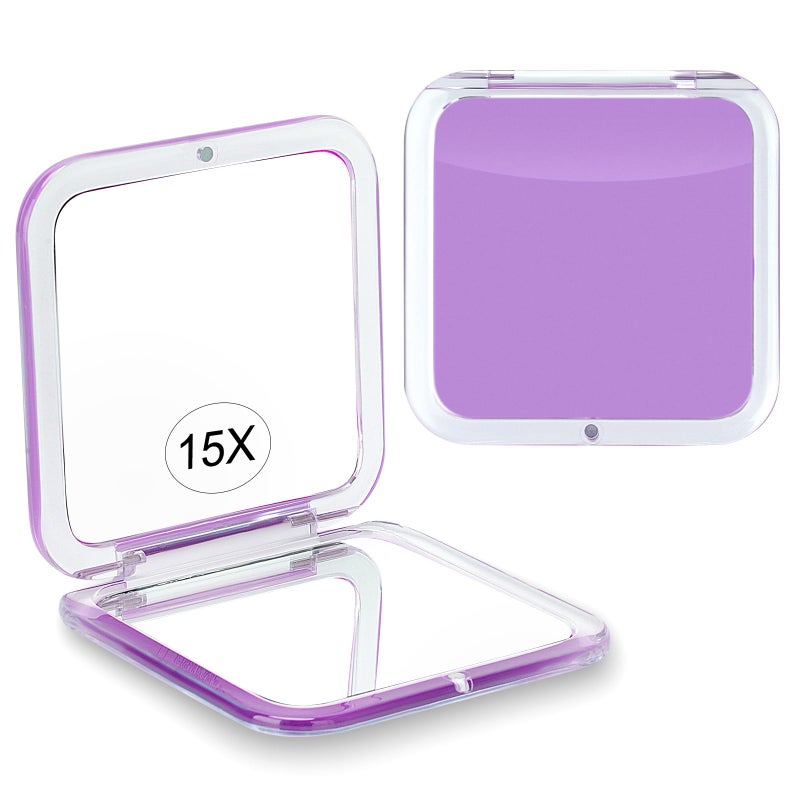 Santoo Compact 15X Magnifying Makeup Mirror For Travel  Small Pocket Mirror-Handheld  Foldable & Portable 2-Sided With 15X Magnifying And 1X Mirror For Purses - Square 3.3 X 3.3 Inch (Purple) - Image 1