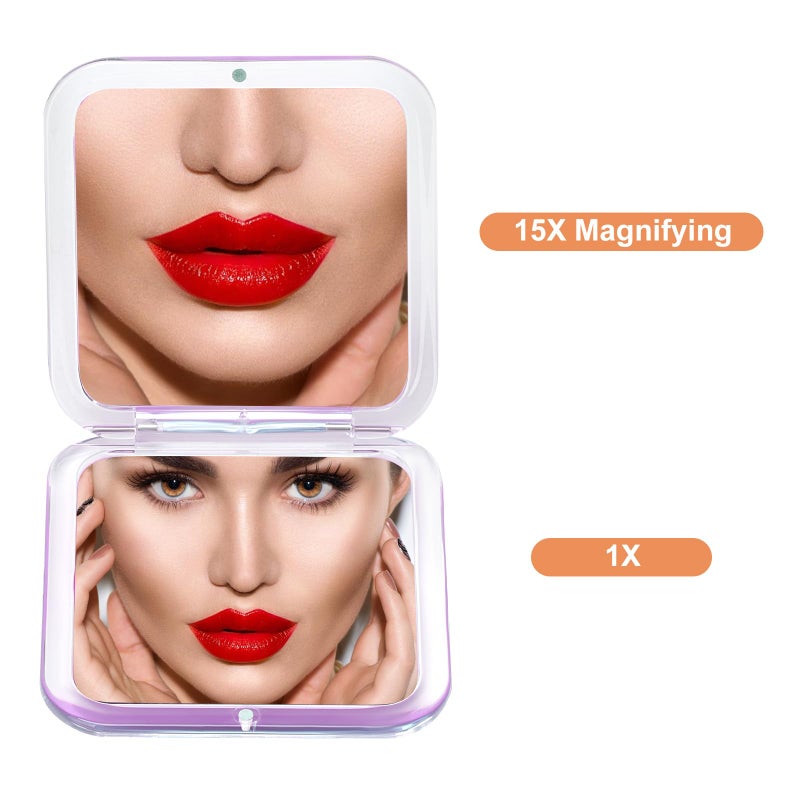 Santoo Compact 15X Magnifying Makeup Mirror For Travel  Small Pocket Mirror-Handheld  Foldable & Portable 2-Sided With 15X Magnifying And 1X Mirror For Purses - Square 3.3 X 3.3 Inch (Purple) - Image 2