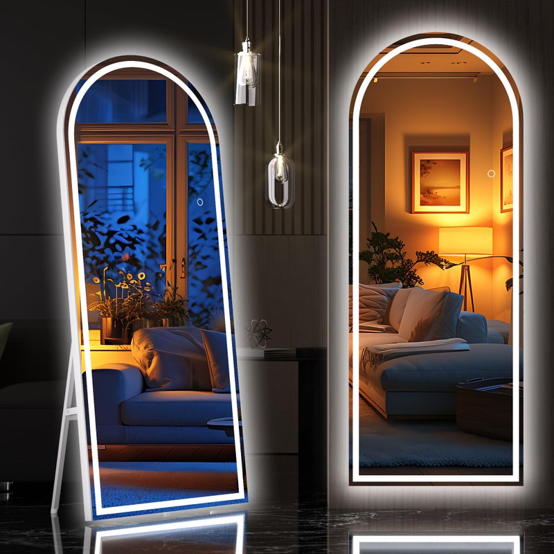 Hasipu 69 X 24 Full Length Mirror with Lights White Frame Arch Led Mirror Full Length and 3 Colors Temperatures Brightness AdjustableLight Up Mirror Full Body for Bedroom Cloakroom Living Room