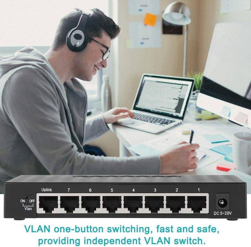 comfrt 8 Ports Hundred Meg Smart Switch , High Performance Network VLAN Hub Desktop Switch Plug and Play,Sturdy Metal Shielded Ports (Black)(us) - Image 2