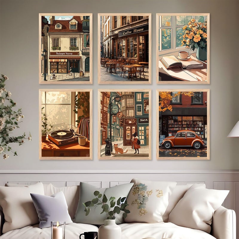 ARAkri Vintage Coffee Shop Wall Art Prints 6 Piece Framed Art Set Paris Cafe Theme Home Decor Set of 6 Framed posters Gallery Collection Style10