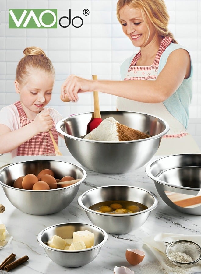فاو دو 5 قطع وعاء خلط دائري للخلط، طقم أوعية خلط من الفولاذ المقاوم للصدأ مع غطاء وعاء خبز سلطة العجين فضي 18/20/22/24/26 سم - Image 3