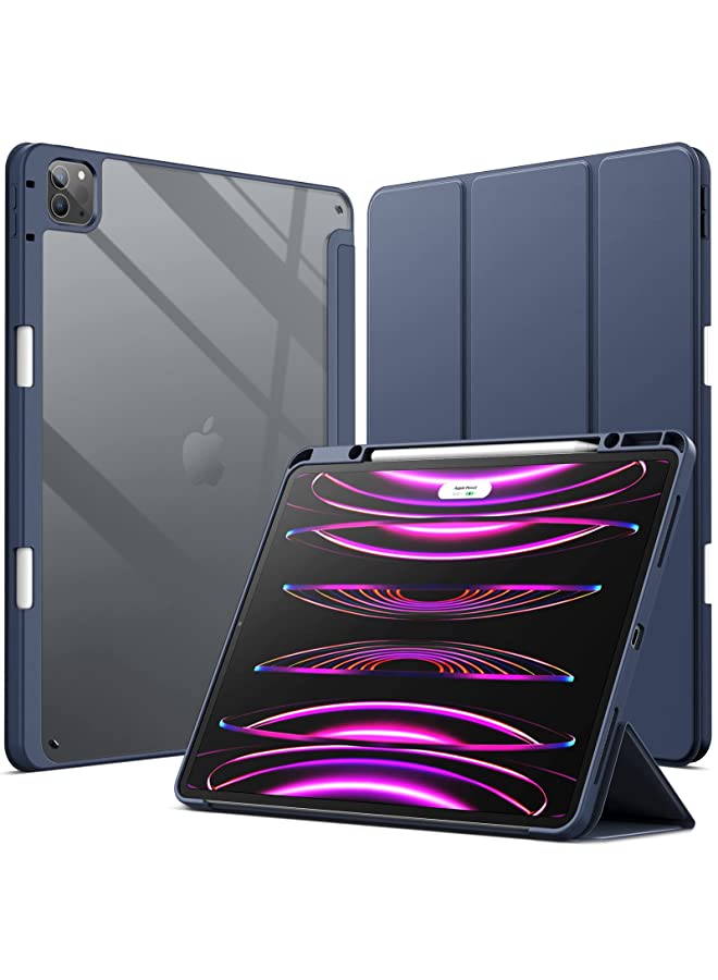 Jetech حافظة لجهاز iPad Pro مقاس 12.9 بوصة (2022/2021/2020/2018) مع حامل قلم، غطاء خلفي شفاف شفاف مع حامل رفيع مقاوم للصدمات، خاصية الإيقاظ/النوم التلقائي (أزرق داكن) - Image 1