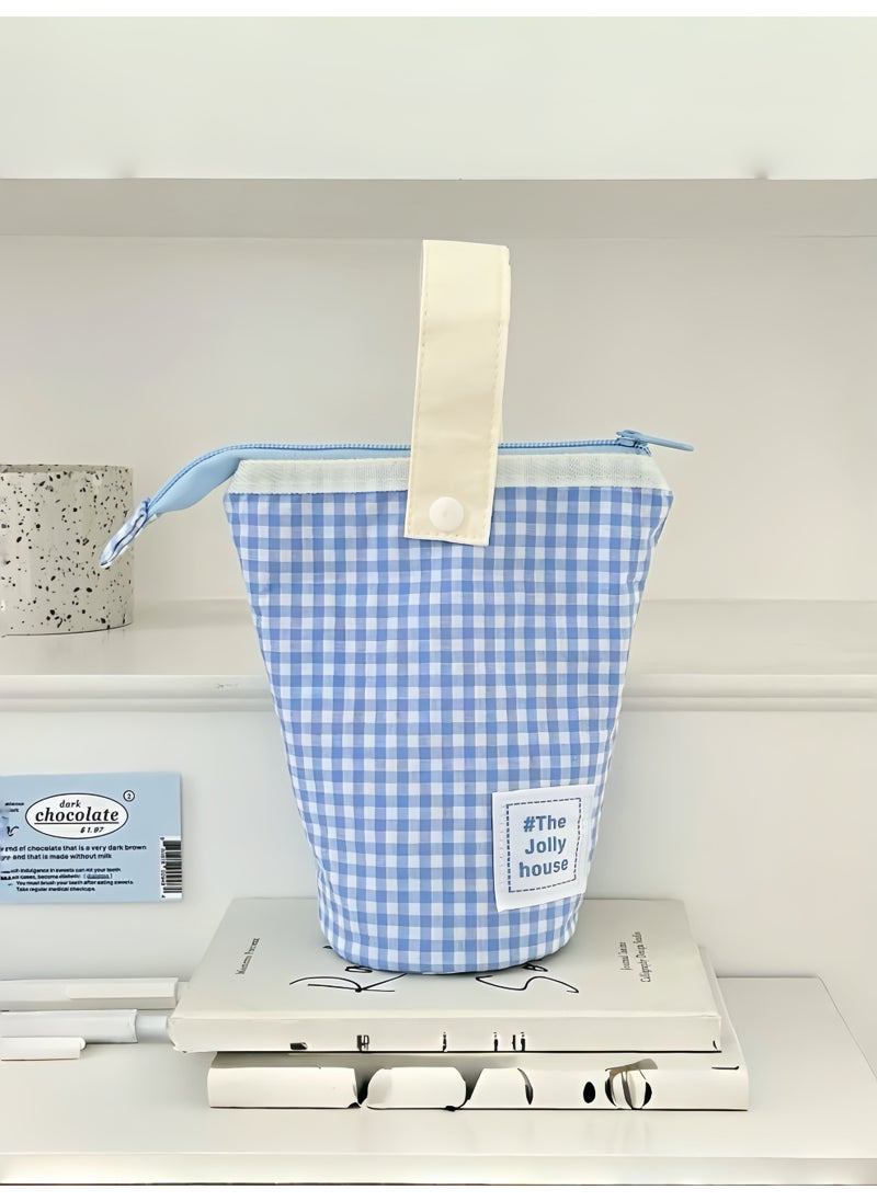 Paraphrase Blue Gingham Multi-Functional Foldable & Standable Pencil Case – Cute Storage Pouch & Makeup Brush Holder for School, Travel, and Daily Use  - Image 1