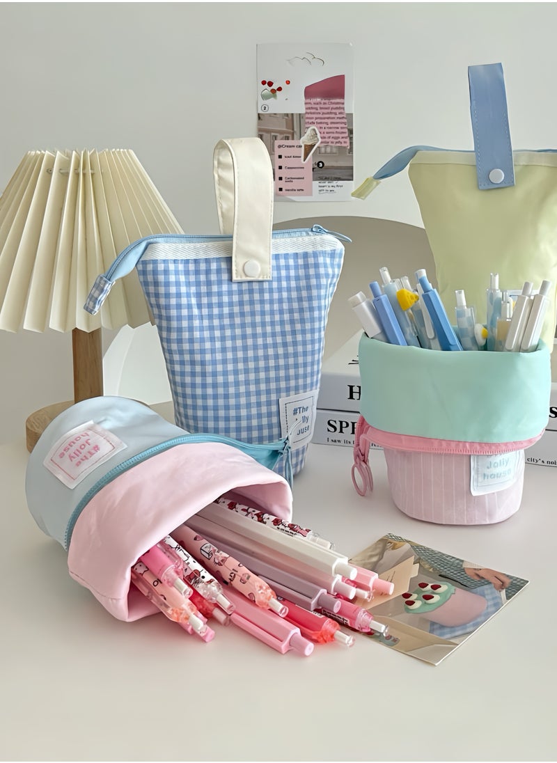 Paraphrase Blue Gingham Multi-Functional Foldable & Standable Pencil Case – Cute Storage Pouch & Makeup Brush Holder for School, Travel, and Daily Use  - Image 5