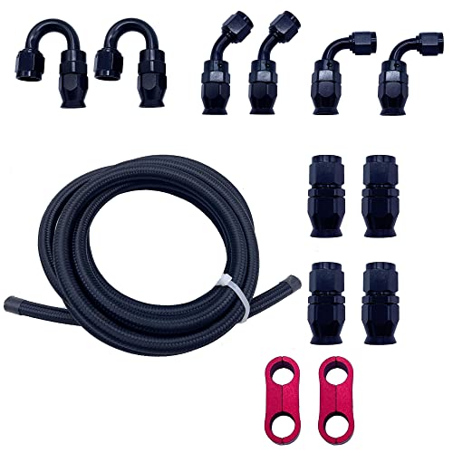 VSWIG 6AN Fuel Line Kit PTFE E85 Hose 10FT Stainless Steel Braided High Pressure Fuel Line Black with 10pcs Swivel Fuel Hose Fitting Adapters Kit and 2pcs Hose Separator Clamp - Image 1