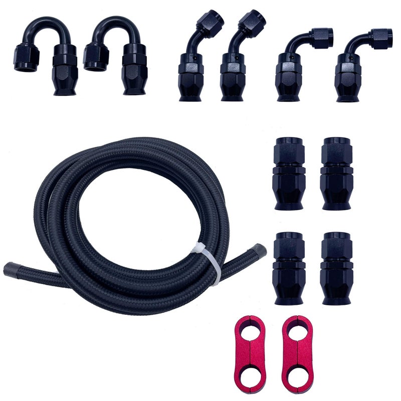 VSWIG 6AN Fuel Line Kit PTFE E85 Hose 10FT Stainless Steel Braided High Pressure Fuel Line Black with 10pcs Swivel Fuel Hose Fitting Adapters Kit and 2pcs Hose Separator Clamp - Image 2