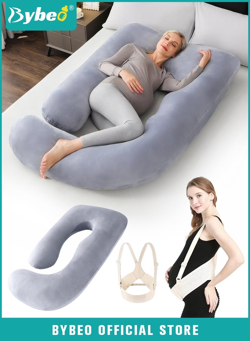 Bybeo Pregnancy Pillow + Maternity Belt Set, Maternity Pillows with Removable Crystal Velvet Cover, U-Shape Full Body Pillow for Sleeping, Body Pillows for Adults With Adjustable Belly Bands and Supports - Image 1