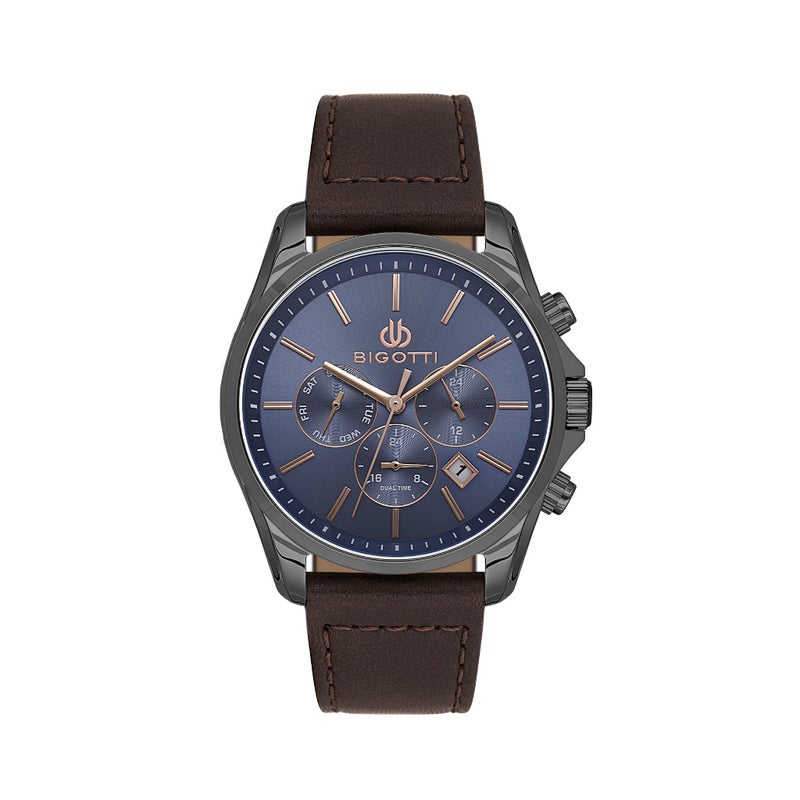 Bigotti Quotidiano Dark Brown Genuine Leather Watch for Men BG.1.10690-4 - Dark Blue Sunray Dial, 42mm Case, Japanese Quartz, Day-Date Display, 50M Water Resistant, Mineral Glass - Image 1