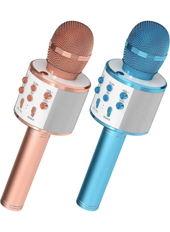 2-Pack Wireless Bluetooth Karaoke Microphones - Portable Handheld Mic with Speaker, Ideal Gift for All Ages (Rose Gold & Blue) - Image 1