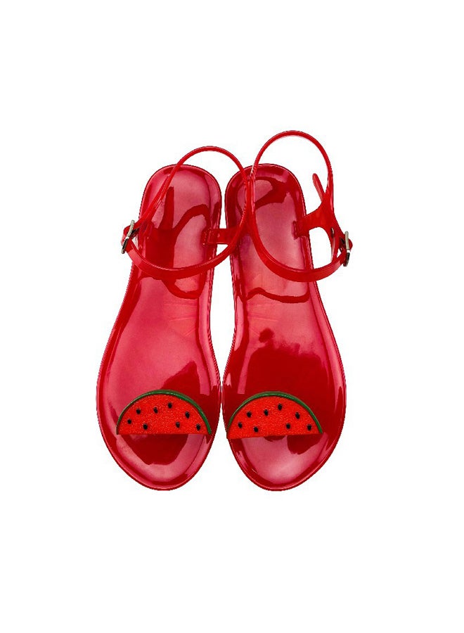 Women's Round Toe Jelly Sandals Soft PVC Non-Slip Sole Beach Shoes Fruit Pattern Summer Casual Slippers Watermelon  - Image 1