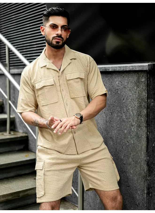 مانياك Mens Solid Textured 3/4th Sleeve Beige T-shirt and Shorts Cotton Blend Jacquard Fabric Shirt