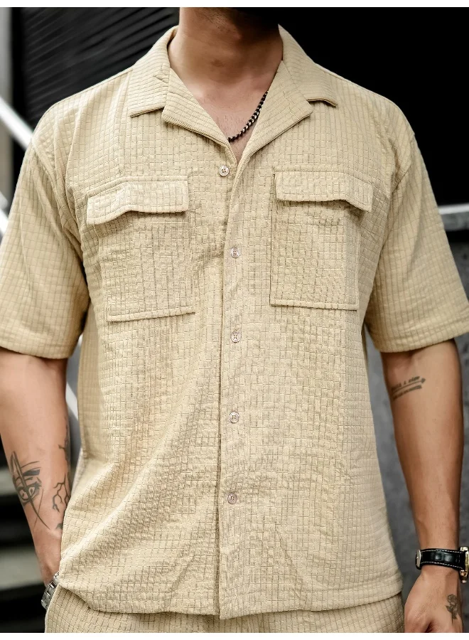 Maniac Mens Solid Textured 3/4th Sleeve Beige T-shirt and Shorts Cotton Blend Jacquard Fabric Shirt
