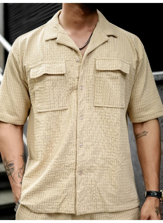 Maniac Mens Solid Textured 3/4th Sleeve Beige T-shirt and Shorts Cotton Blend Jacquard Fabric Shirt  - Image 5