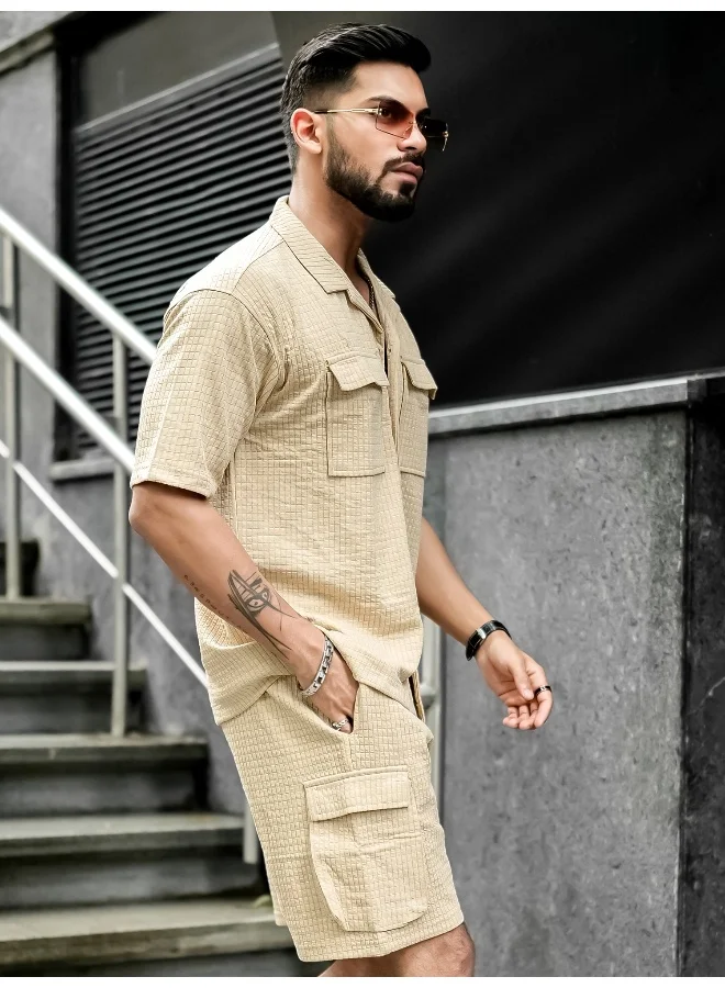 Maniac Mens Solid Textured 3/4th Sleeve Beige T-shirt and Shorts Cotton Blend Jacquard Fabric Shirt