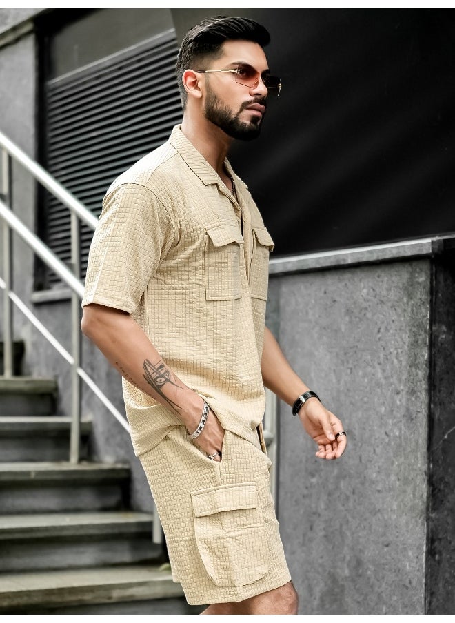 Maniac Mens Solid Textured 3/4th Sleeve Beige T-shirt and Shorts Cotton Blend Jacquard Fabric Shirt  - Image 3