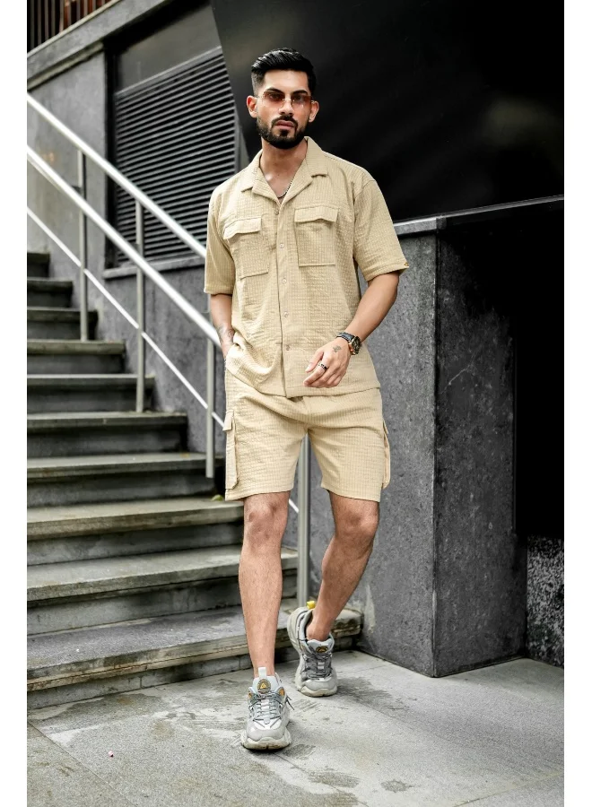 Maniac Mens Solid Textured 3/4th Sleeve Beige T-shirt and Shorts Cotton Blend Jacquard Fabric Shirt