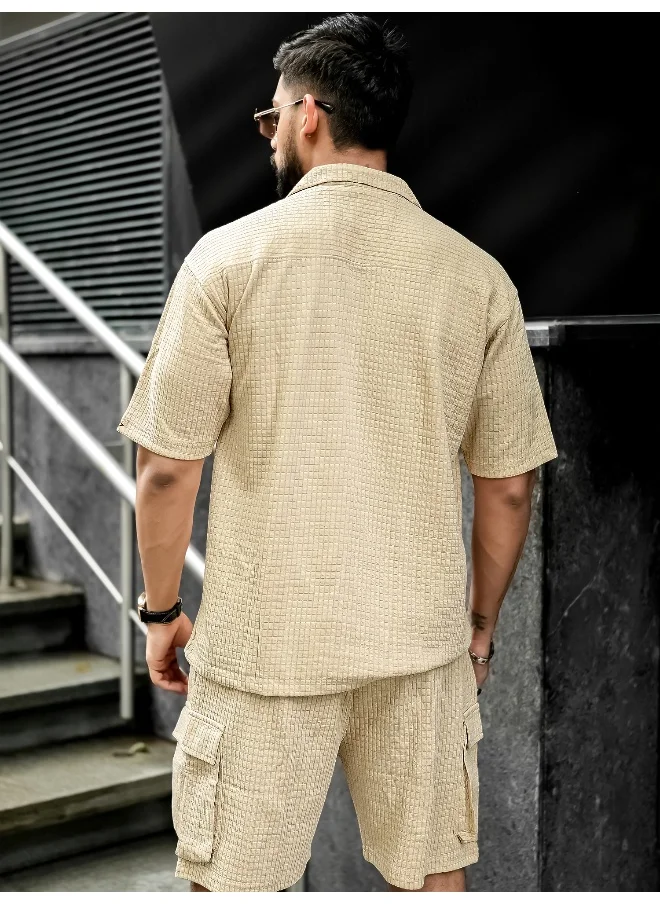 مانياك Mens Solid Textured 3/4th Sleeve Beige T-shirt and Shorts Cotton Blend Jacquard Fabric Shirt