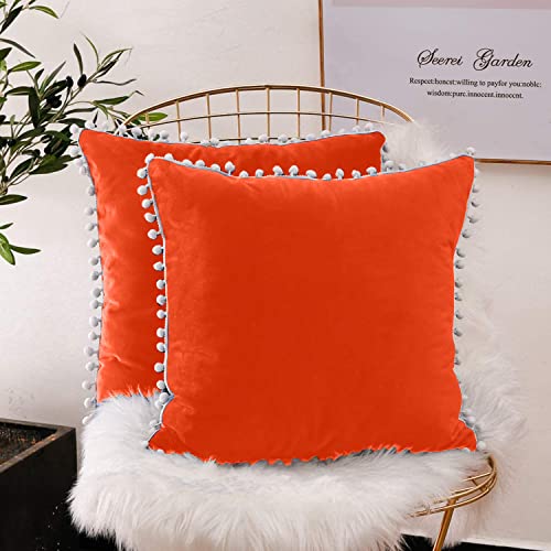 CottonFry Set of 2 Cushion Covers/Throw Pillow Covers Size 12"X18" Inches with Pom Poms, Soft Square Velvet Pillowcases Home Decor (Orange, Pack of 2) - Image 3