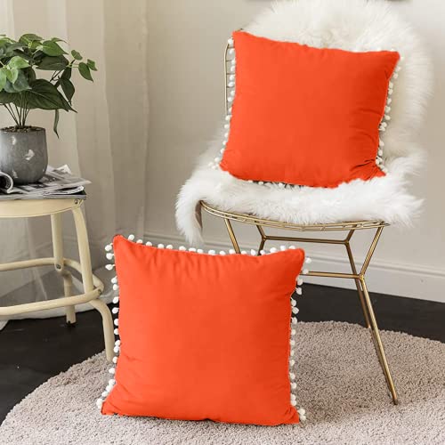 CottonFry Set of 2 Cushion Covers/Throw Pillow Covers Size 12"X18" Inches with Pom Poms, Soft Square Velvet Pillowcases Home Decor (Orange, Pack of 2) - Image 1