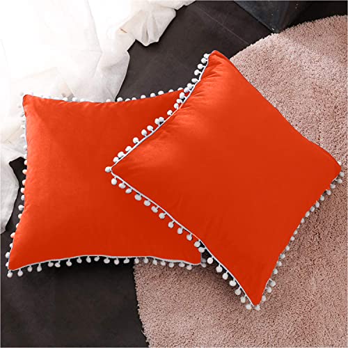 CottonFry Set of 2 Cushion Covers/Throw Pillow Covers Size 12"X18" Inches with Pom Poms, Soft Square Velvet Pillowcases Home Decor (Orange, Pack of 2) - Image 2