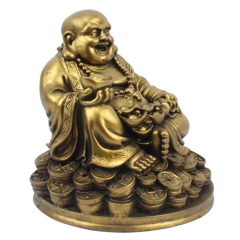 Petrichor Petrichor Resin Fengshui Figurine Laughing Buddha Sitting on Luck Money Coins Carrying Golden Ingot for Good Luck Happiness 5 InchesGold 1 Piece Home Deocration Gifting Made in India  - Image 3