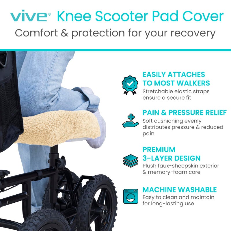 Vive Mobility Knee Walker Pad Cover - Plush Synthetic Faux Sheepskin Scooter Cushion - Accessory for Knee Roller - Leg Cart Improves Comfort During Injury (Off-White) - Image 2