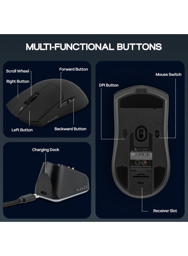 إيه جاز ماوس العاب لاسلكي AJAZZ AJ139P V3 MC مع قاعدة شحن و3 اوضاع وبطارية 800mAh قابلة للتعديل 24000 نقطة لكل بوصة ومستشعر PAW3311 ومعدل تصويب 1000 ووزن 69 غرام خفيف الوزن وويندوز وماك من ميكلاندز (اسود) - Image 3