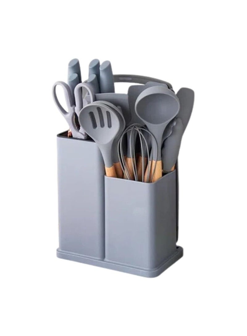 19 Piece Kitchen Cooking Utensils Knife Set with Block Holder Cutting Board Premium Silicone Utensils Stainless Steel Coated Knives Set -Multicolor - Image 1