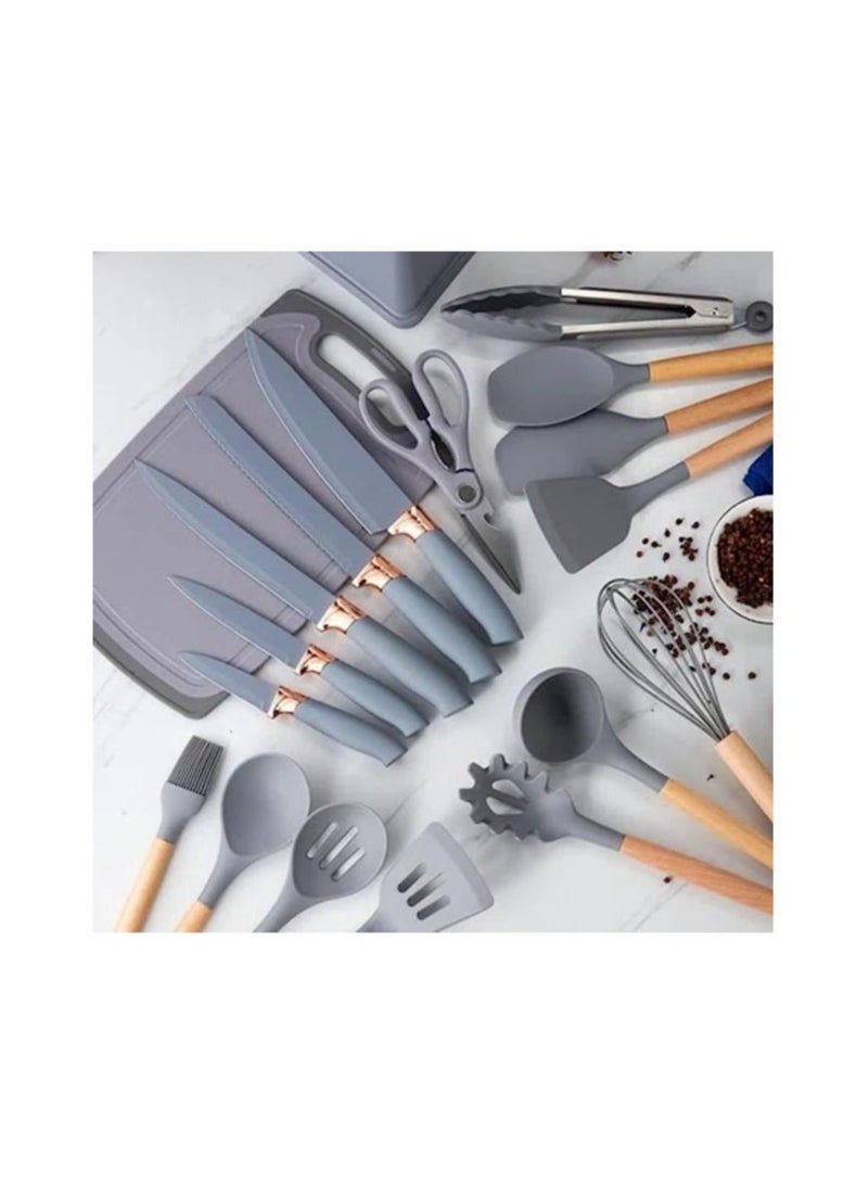 19 Piece Kitchen Cooking Utensils Knife Set with Block Holder Cutting Board Premium Silicone Utensils Stainless Steel Coated Knives Set -Multicolor - Image 3