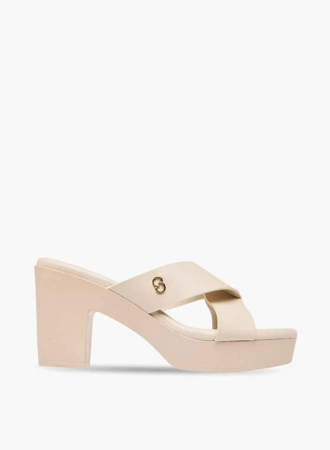 Celeste Womens Logo Accent Slip-On Cross Strap Sandals With Block Heels