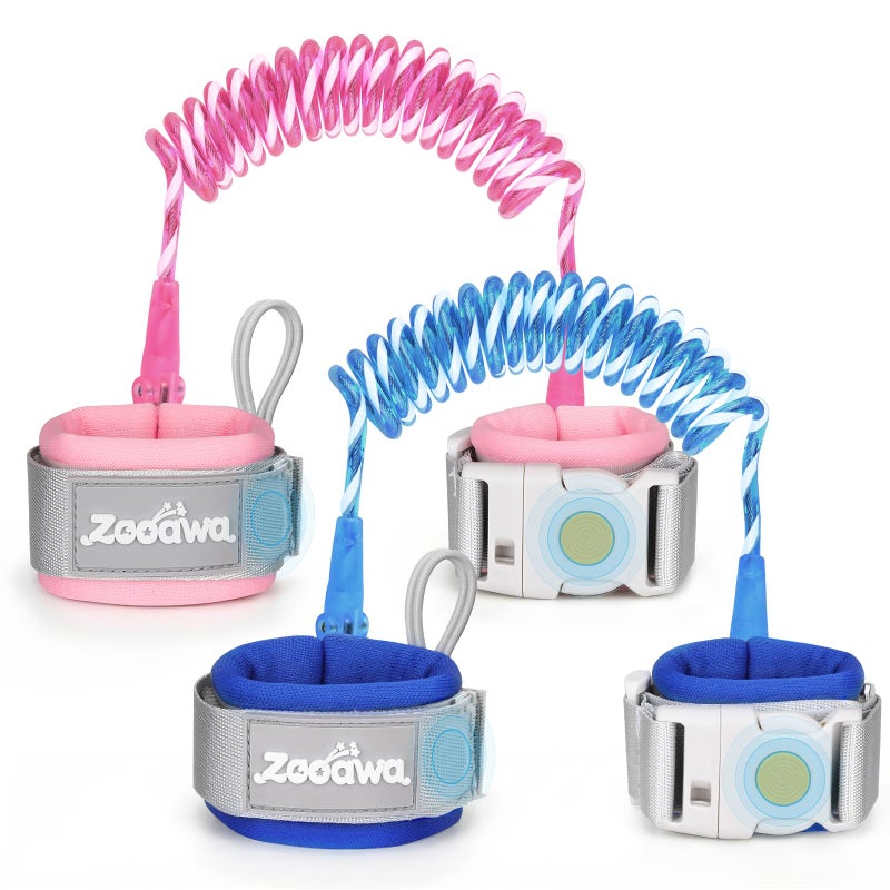 Zooawa Toddler Leash 2Pack, Toddler Kids Harness Anti Lost Wrist Link with Magnetic Lock, Reflective Safety Walking Harness Wristband Leashes for 2,3,4 Years Old Boys Girls, Blue+Pink - Image 1