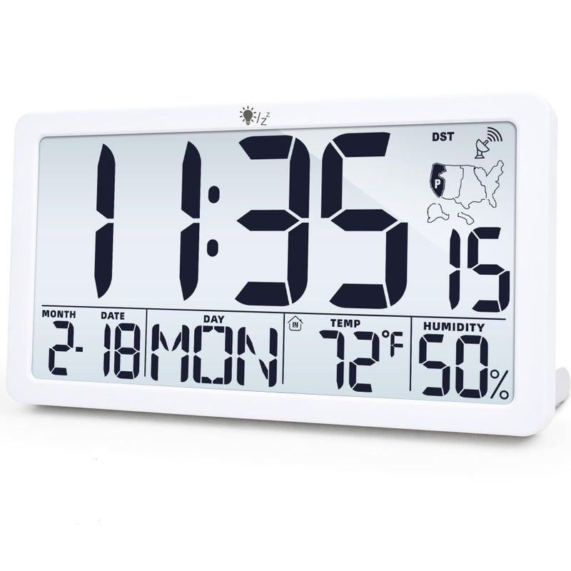 TXL Atomic Wall Clock with Backlight Battery Operated Digital Wall Clock with Temperature Humidity and Date Large Display Auto DST 6 Time ZoneWhite