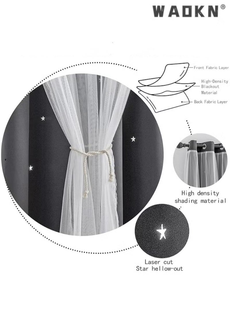 WAOKN Panels Stars Blackout Curtains for Bedroom Girls Kids Baby Window Curtain Double Layer Star Cut Out Aesthetic Living Room Decor Wall Home Decorations Curtain,Curtains for Bedroom Star Hollow Out Blackout Curtains for Kids Room Double Layer Star Cut Out Window Decor(1 Panel, 52W x 63L inch)  - Image 2