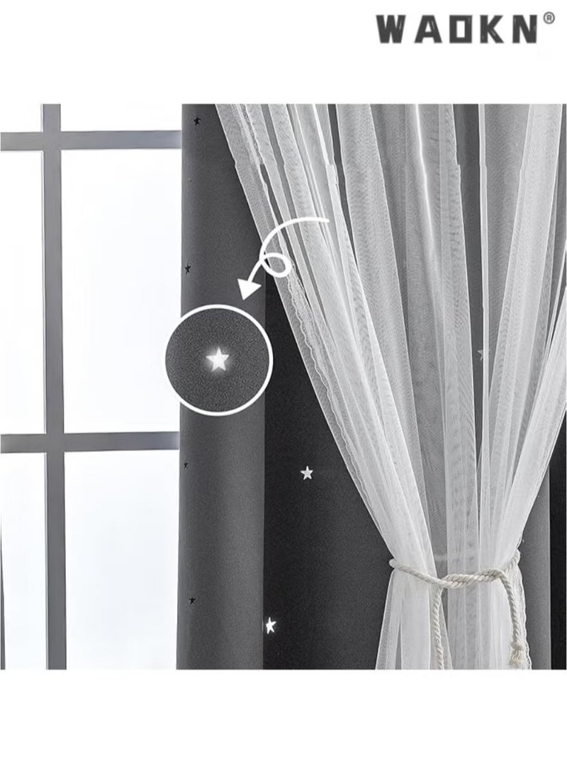 WAOKN Panels Stars Blackout Curtains for Bedroom Girls Kids Baby Window Curtain Double Layer Star Cut Out Aesthetic Living Room Decor Wall Home Decorations Curtain,Curtains for Bedroom Star Hollow Out Blackout Curtains for Kids Room Double Layer Star Cut Out Window Decor(1 Panel, 52W x 63L inch)  - Image 4