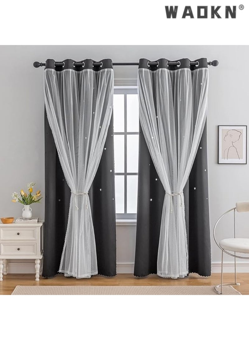 WAOKN Panels Stars Blackout Curtains for Bedroom Girls Kids Baby Window Curtain Double Layer Star Cut Out Aesthetic Living Room Decor Wall Home Decorations Curtain,Curtains for Bedroom Star Hollow Out Blackout Curtains for Kids Room Double Layer Star Cut Out Window Decor(1 Panel, 52W x 63L inch)  - Image 1