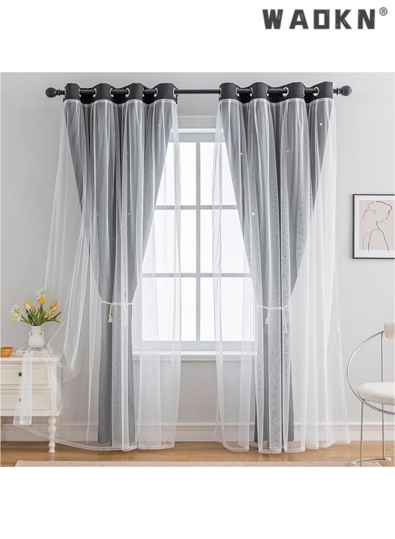 WAOKN Panels Stars Blackout Curtains for Bedroom Girls Kids Baby Window Curtain Double Layer Star Cut Out Aesthetic Living Room Decor Wall Home Decorations Curtain,Curtains for Bedroom Star Hollow Out Blackout Curtains for Kids Room Double Layer Star Cut Out Window Decor(1 Panel, 52W x 63L inch)  - Image 5