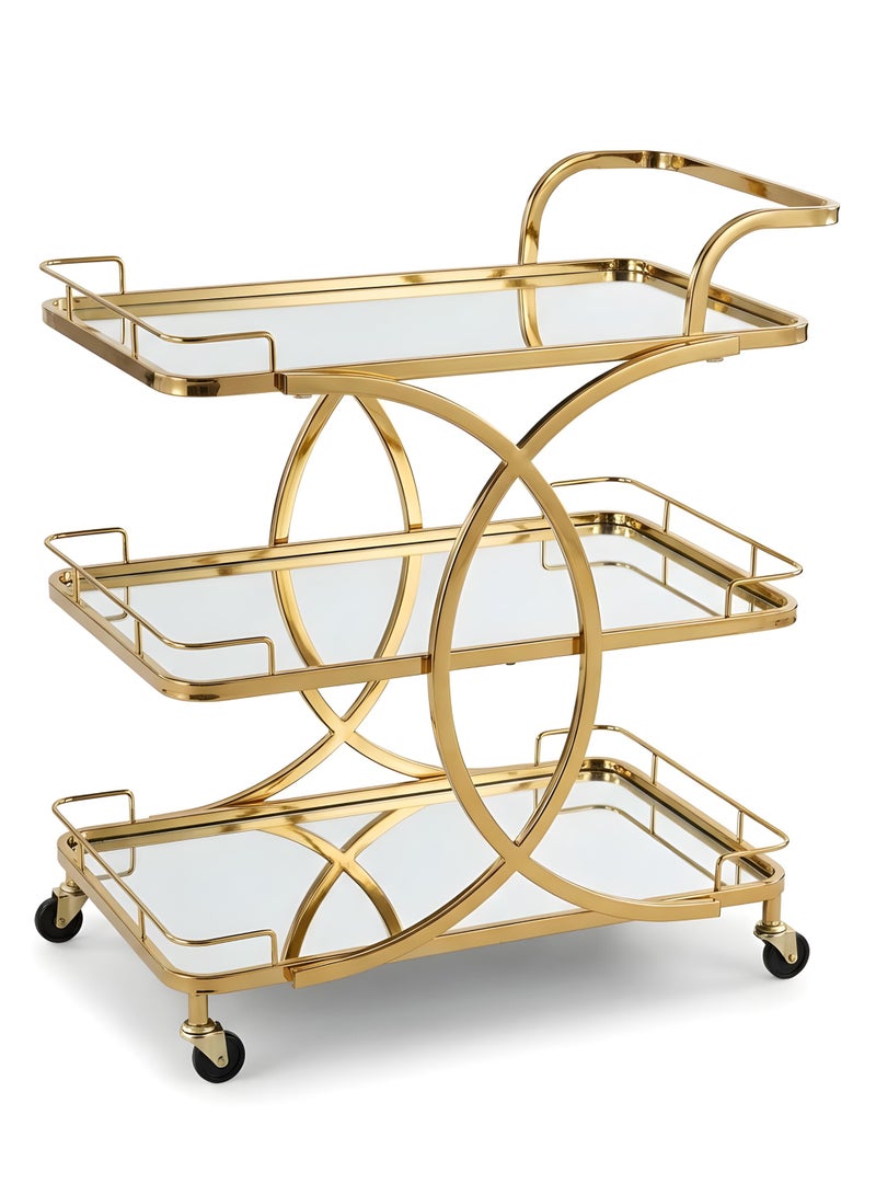 Life Smile Luxury Gold 3-Tier Bar Cart with Mirror Glass Shelves – 75x43x86 cm Rolling Serving Trolley – Modern Multi-Purpose Drink & Display Cart - Image 1