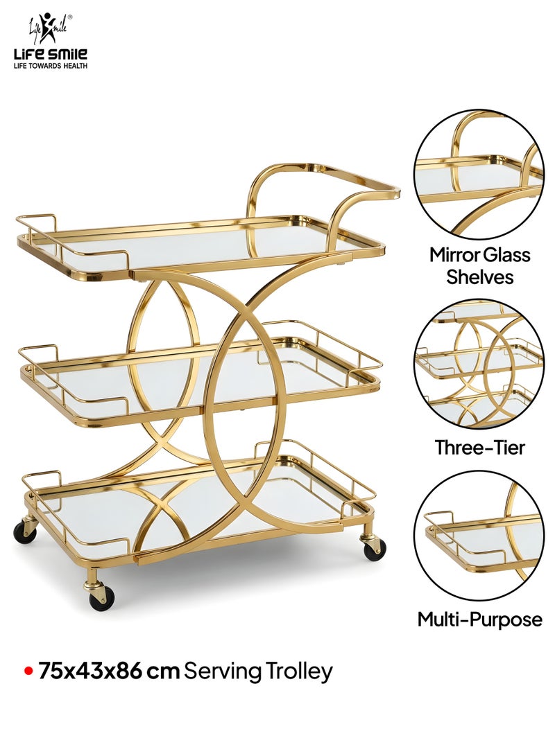 Life Smile Luxury Gold 3-Tier Bar Cart with Mirror Glass Shelves – 75x43x86 cm Rolling Serving Trolley – Modern Multi-Purpose Drink & Display Cart - Image 2
