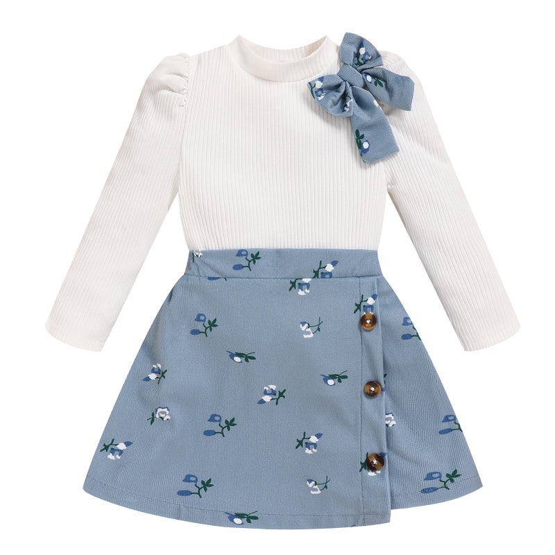 TITKKOP Toddler Girl Plaid Outfits Fall Winter Dress Knit Ribbed Bow Sweatshirt Tops and Button Fashion Skirts Setï¼ˆblue+flower,2T - Image 1