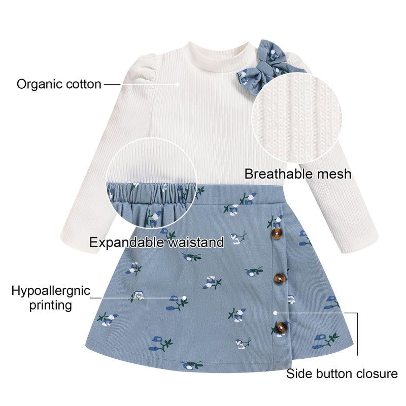 TITKKOP Toddler Girl Plaid Outfits Fall Winter Dress Knit Ribbed Bow Sweatshirt Tops and Button Fashion Skirts Setï¼ˆblue+flower,2T - Image 5