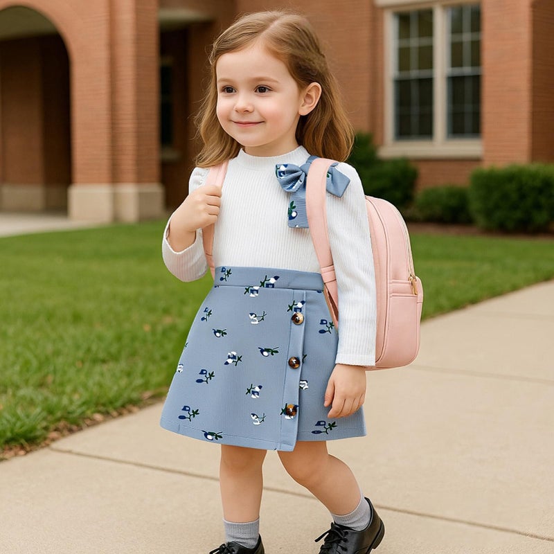 TITKKOP Toddler Girl Plaid Outfits Fall Winter Dress Knit Ribbed Bow Sweatshirt Tops and Button Fashion Skirts Setï¼ˆblue+flower,2T - Image 3