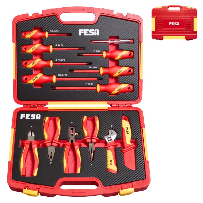 FESA Insulated Electrician Tool Set 1000V 14Piece Insulated Tool Set with 7 Insulated Screwdrivers 1 Voltage Tester 4 Insulated Pliers More 1000 Volt Hand Tool Set with a Durable Storage Case