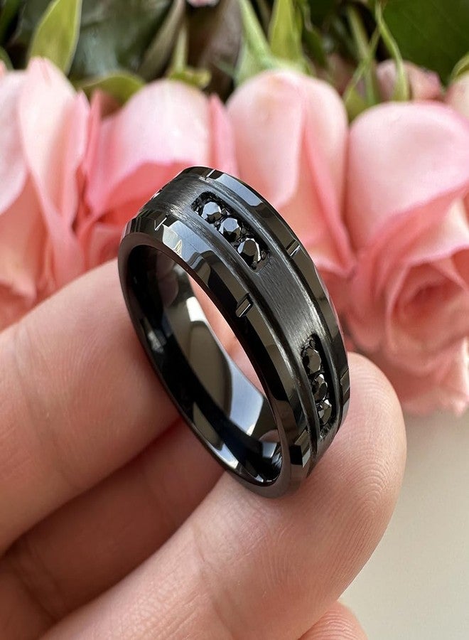 TUTISS 8mm Black Tungsten Rings for Men Women Eternity Engagement Wedding Bands Cubic Zirconia Stone Inlay Beveled Edges Comfort Fit Size 13 - Image 3