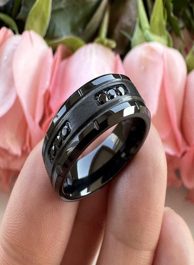 TUTISS 8mm Black Tungsten Rings for Men Women Eternity Engagement Wedding Bands Cubic Zirconia Stone Inlay Beveled Edges Comfort Fit Size 13 - Image 5