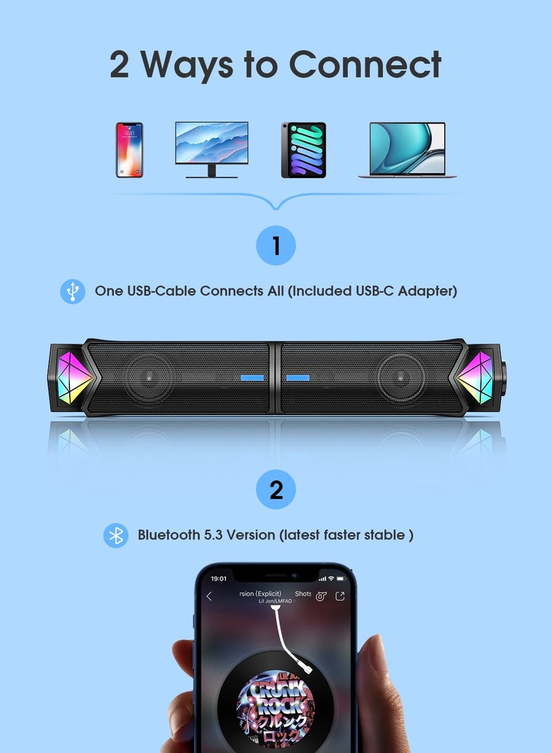 onikuma Bluetooth PC Speakers with RGB Light,Portable Wireless Soundbar with Inside Microphone for Home Theater  - Image 5