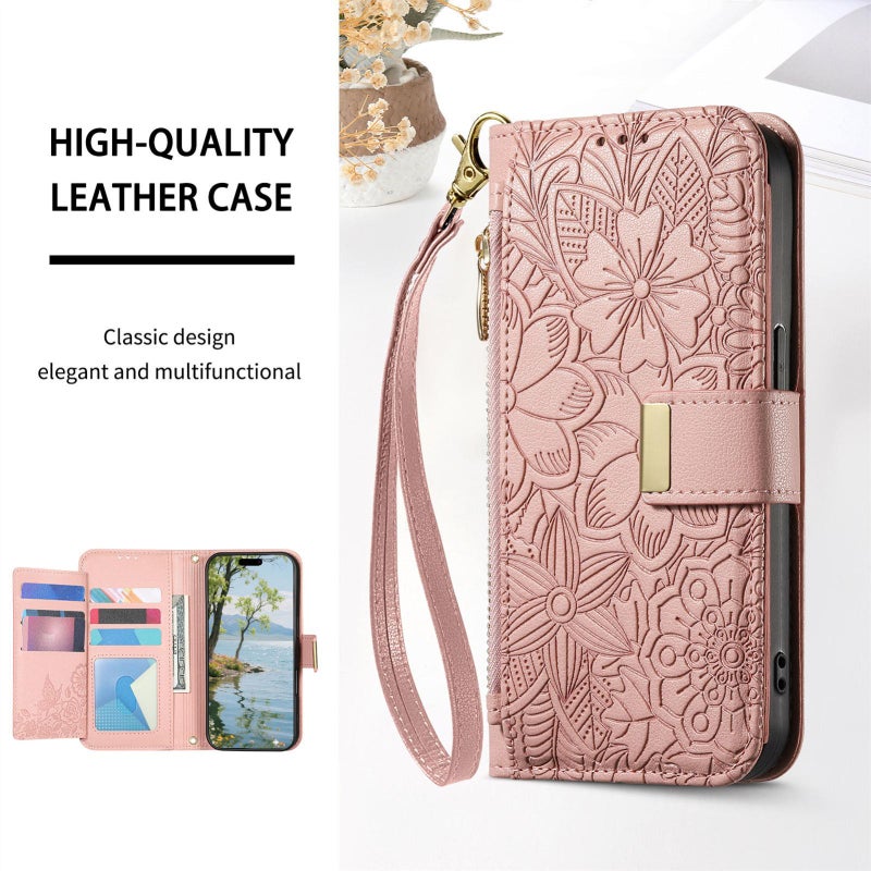 erorex For Realme C63 4G Flowers Leaves Zipper Wallet Leather Phone Case with Strap(Pink) - Image 4