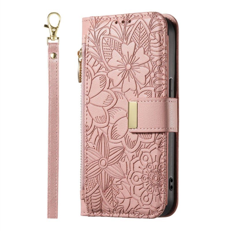 erorex For Realme C63 4G Flowers Leaves Zipper Wallet Leather Phone Case with Strap(Pink) - Image 2